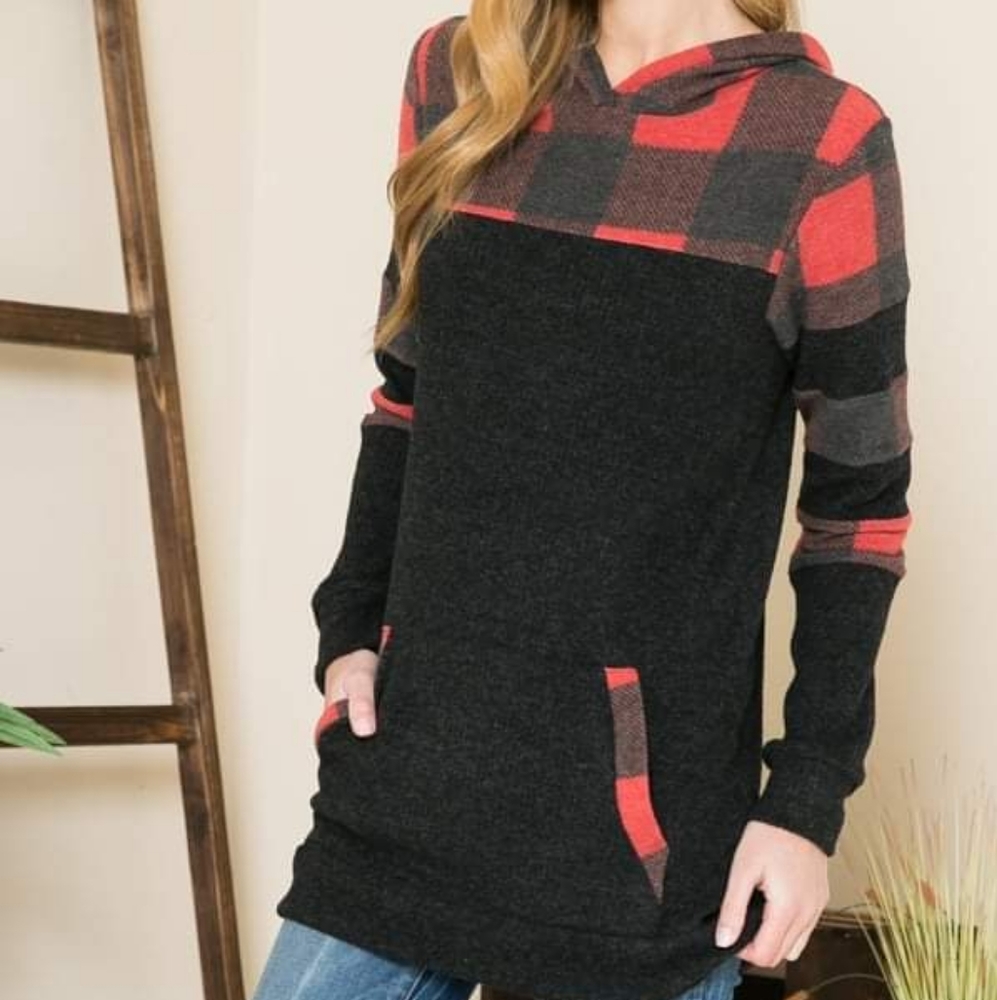 PLAID COLOR BLOCK HOODIE TUNIC